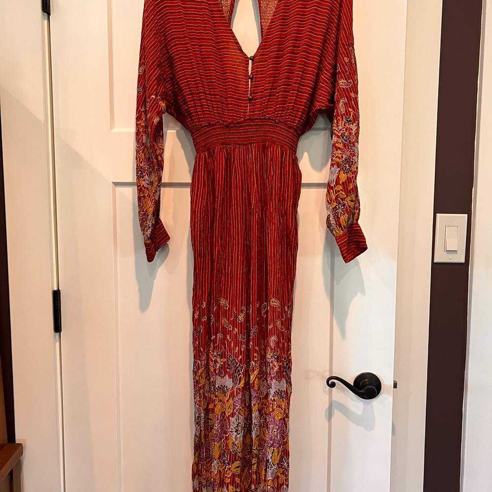 Anthropologie smocked waist jumpsuit romper floral design light breezy open back